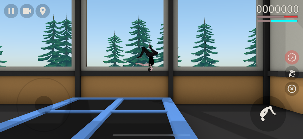 Character flipping over a trampoline indoors