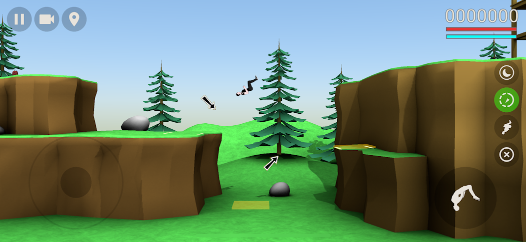 Character flipping across a wide gap between grassy cliffs